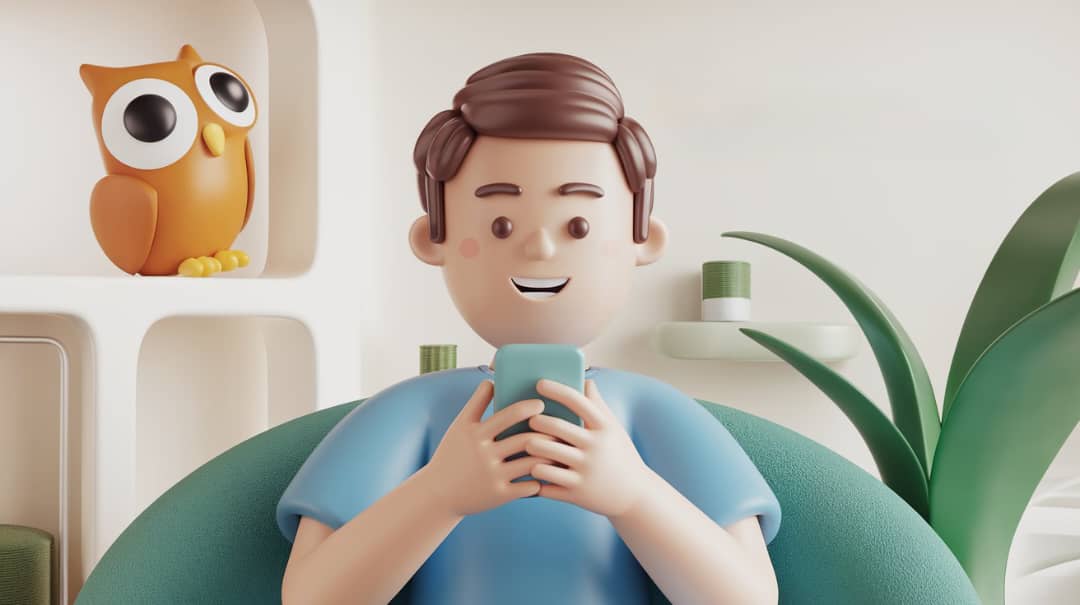 Personaje 3D sonriente usa su teléfono sentado en un sofá, con el búho de Duolingo en una repisa detrás