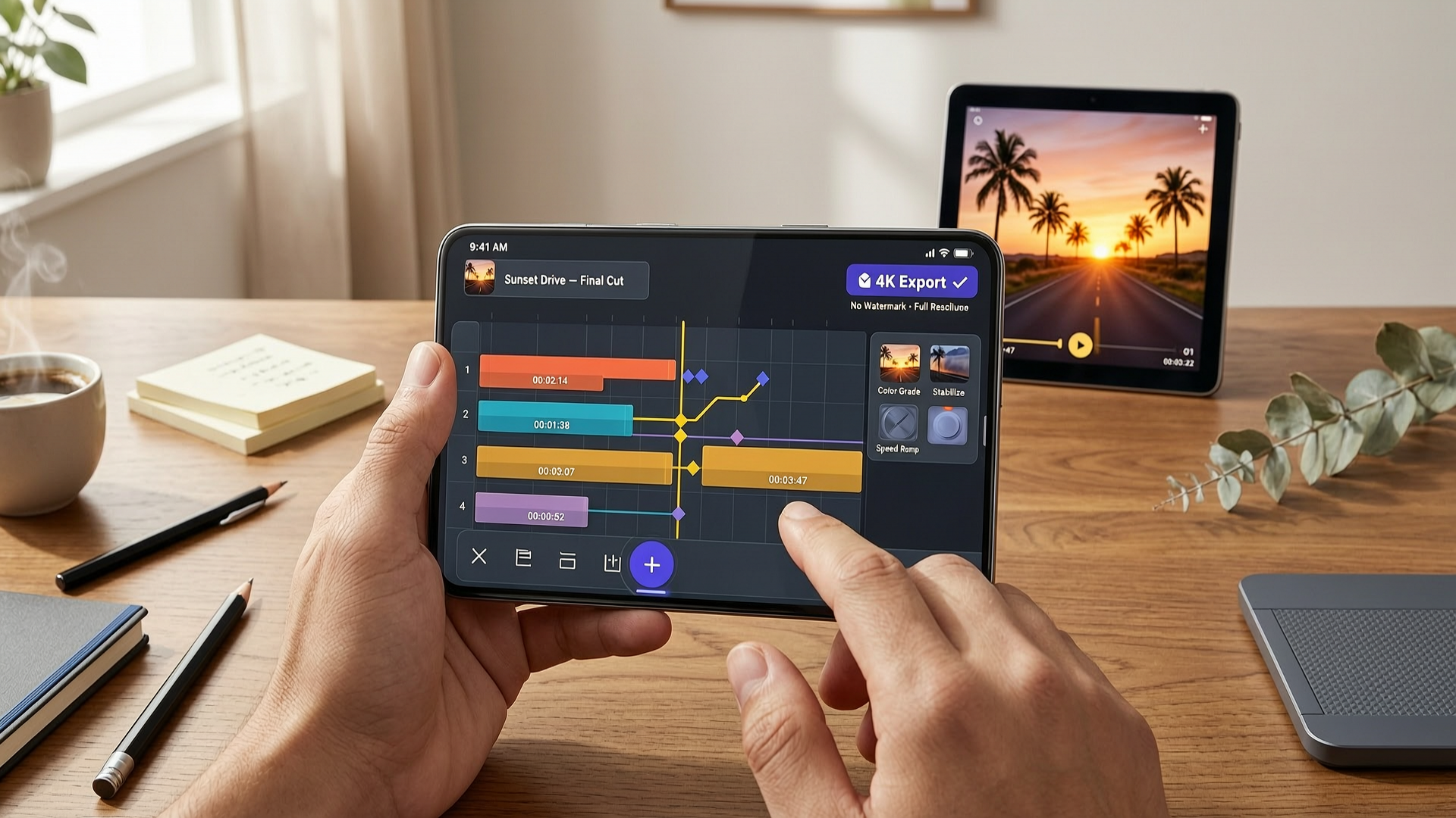 Manos editando un video en un teléfono con una línea de tiempo de clips y exportación 4K, junto a una tablet con el video terminado