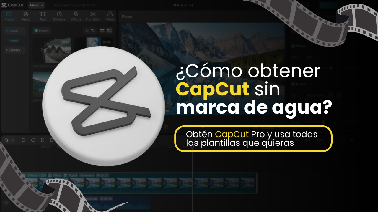 Logo de CapCut sobre la interfaz del editor de video, con el texto «¿Cómo obtener CapCut sin marca de agua?»