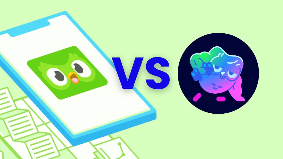 Celular con el búho Duo de Duolingo frente al ícono de Duolingo Max con Lily, separados por un “VS” sobre fondo verde