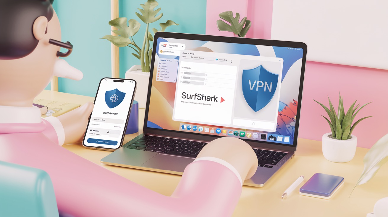 Personaje 3D usando Surfshark VPN en una laptop y un smartphone, con un escudo azul de VPN en pantalla