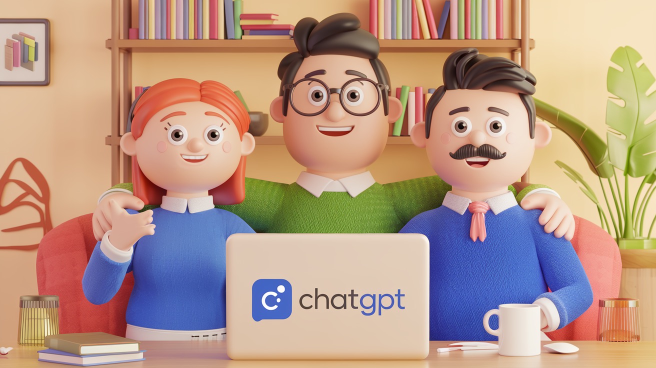 Tres personajes 3D sonrientes abrazados frente a una laptop con el logo de ChatGPT, en una sala con libros y plantas