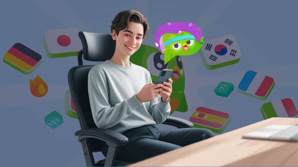 Joven sonriente en una silla de oficina practica idiomas en su celular, rodeado de Duo y banderas de varios países