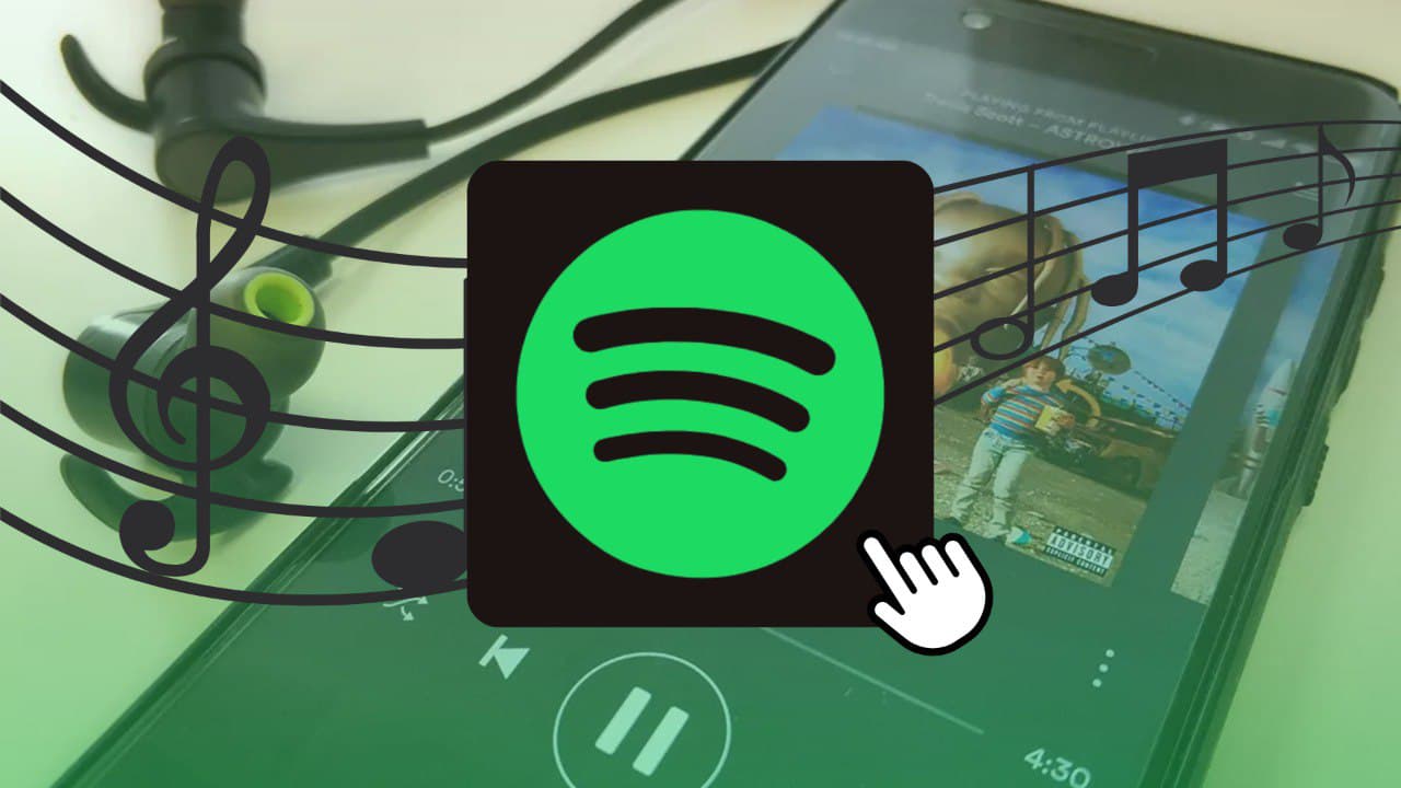 Logo de Spotify sobre un teléfono que reproduce música, con audífonos y notas musicales alrededor