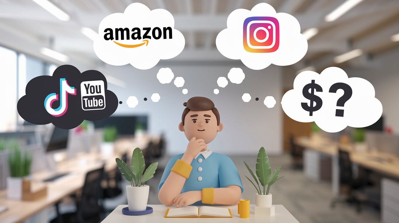 Personaje 3D pensativo en un escritorio con nubes de Amazon, Instagram, TikTok, YouTube y un signo de dólar