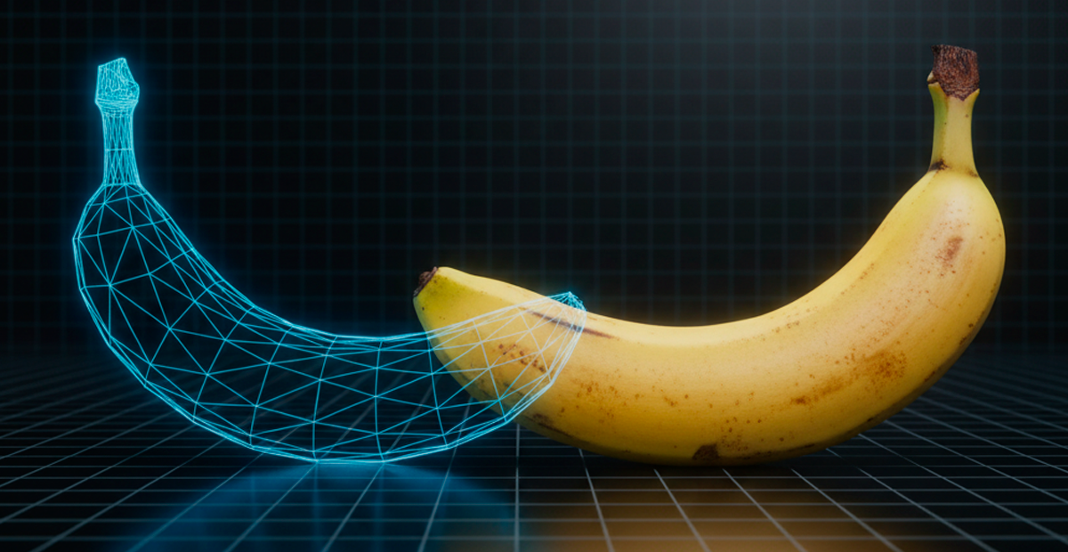 Plátano real junto a su modelo 3D de malla azul brillante sobre una cuadrícula digital oscura
