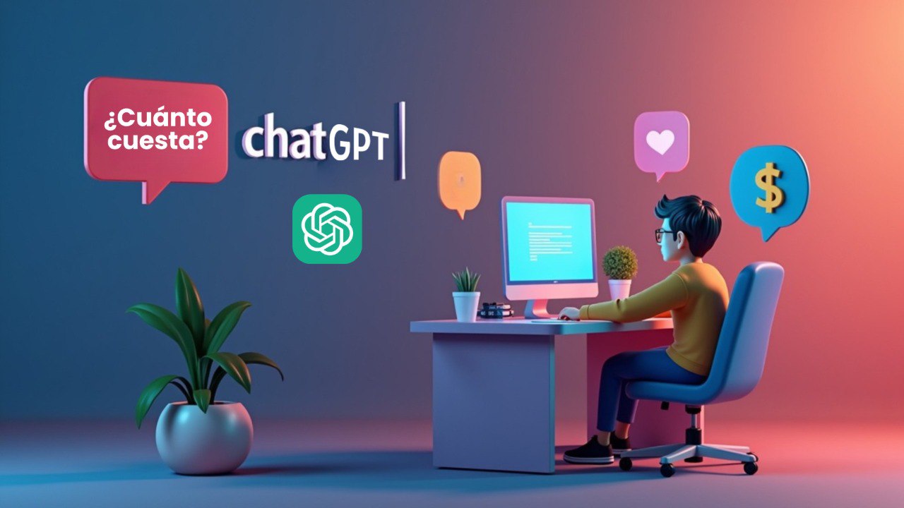 Ilustración 3D de una persona frente a una computadora, con el logo de ChatGPT y un globo que pregunta ¿cuánto cuesta?