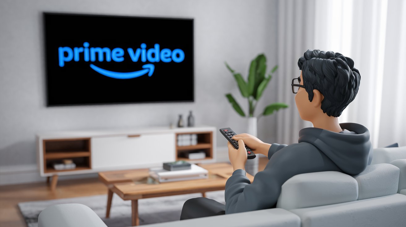 Persona sentada en un sofá con el control remoto frente a un televisor que muestra el logo de Prime Video