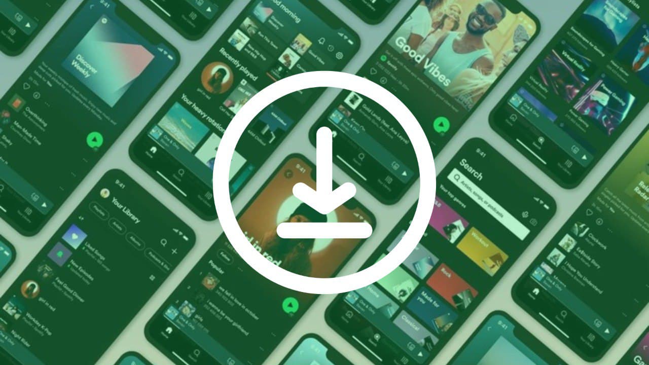 Collage de pantallas de la app de Spotify en tono verde con un ícono de descarga blanco en el centro