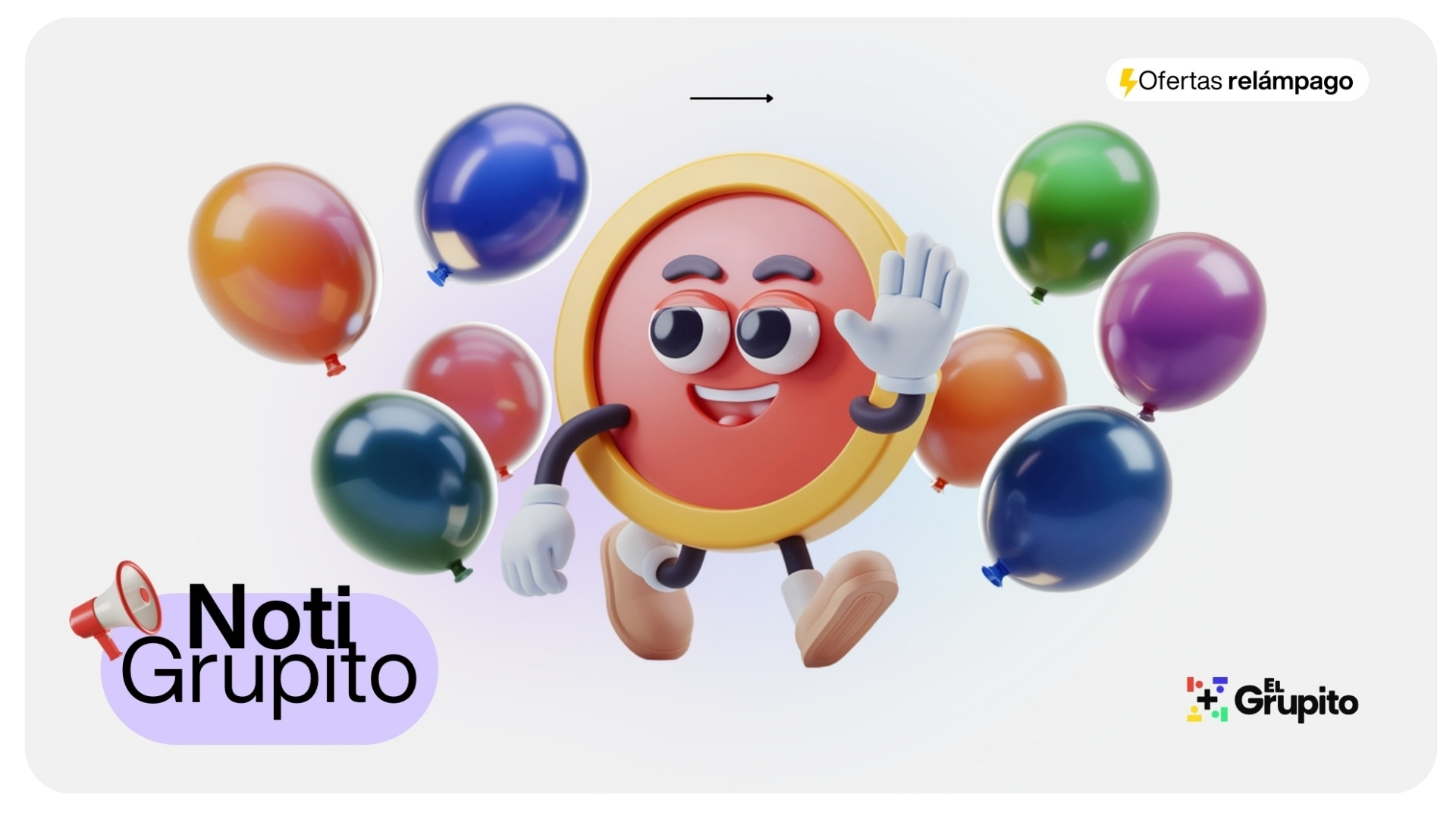 Mascota de ElGrupito saluda entre globos de colores, con el rótulo NotiGrupito y la etiqueta Ofertas relámpago
