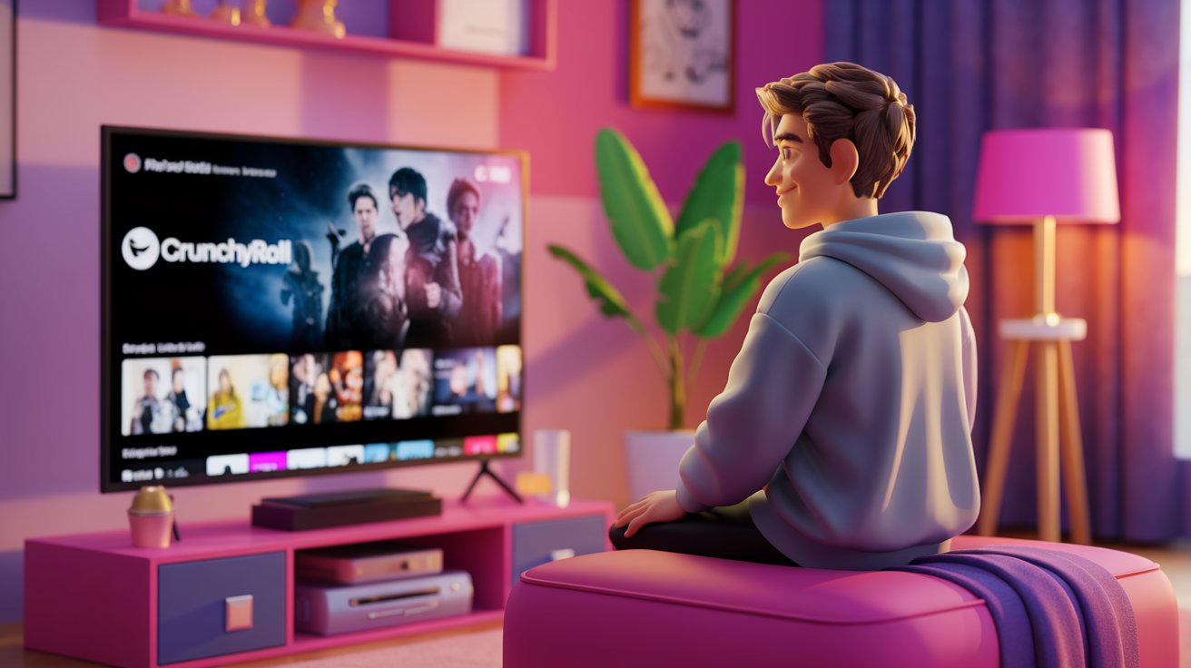 Joven con sudadera viendo Crunchyroll en un televisor en una sala rosa y morada