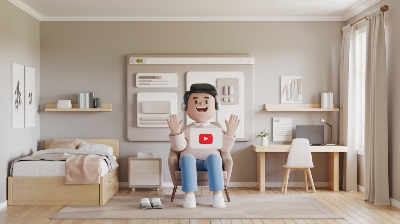 Personaje 3D con audífonos y el logo de YouTube en el pecho, sentado en su habitación frente a un reproductor de video