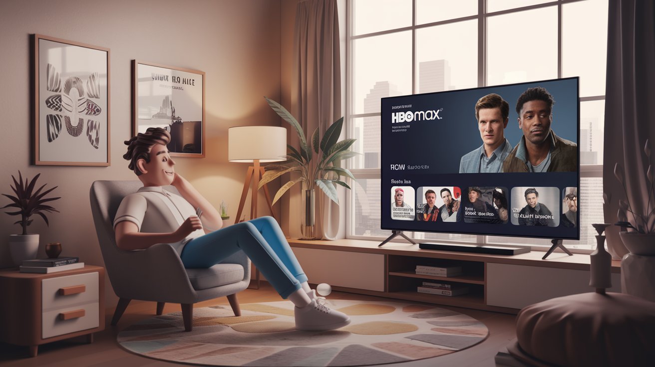 Persona relajada en un sillón viendo el menú de HBO Max en una Smart TV en una sala luminosa