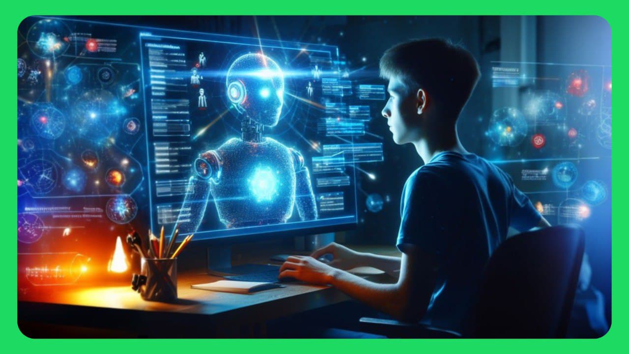 Joven en su escritorio frente a un monitor que muestra un robot holográfico de IA rodeado de gráficos de datos