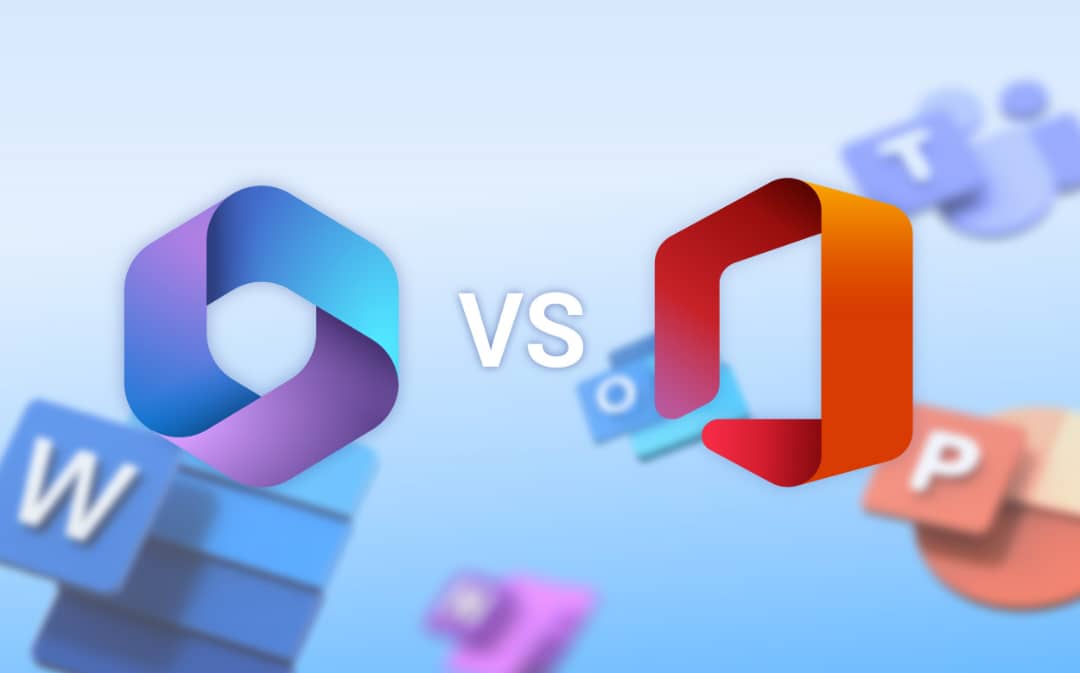 Logos de Microsoft 365 y Office enfrentados con un VS, con iconos de Word, Teams, Outlook y PowerPoint desenfocados al fondo