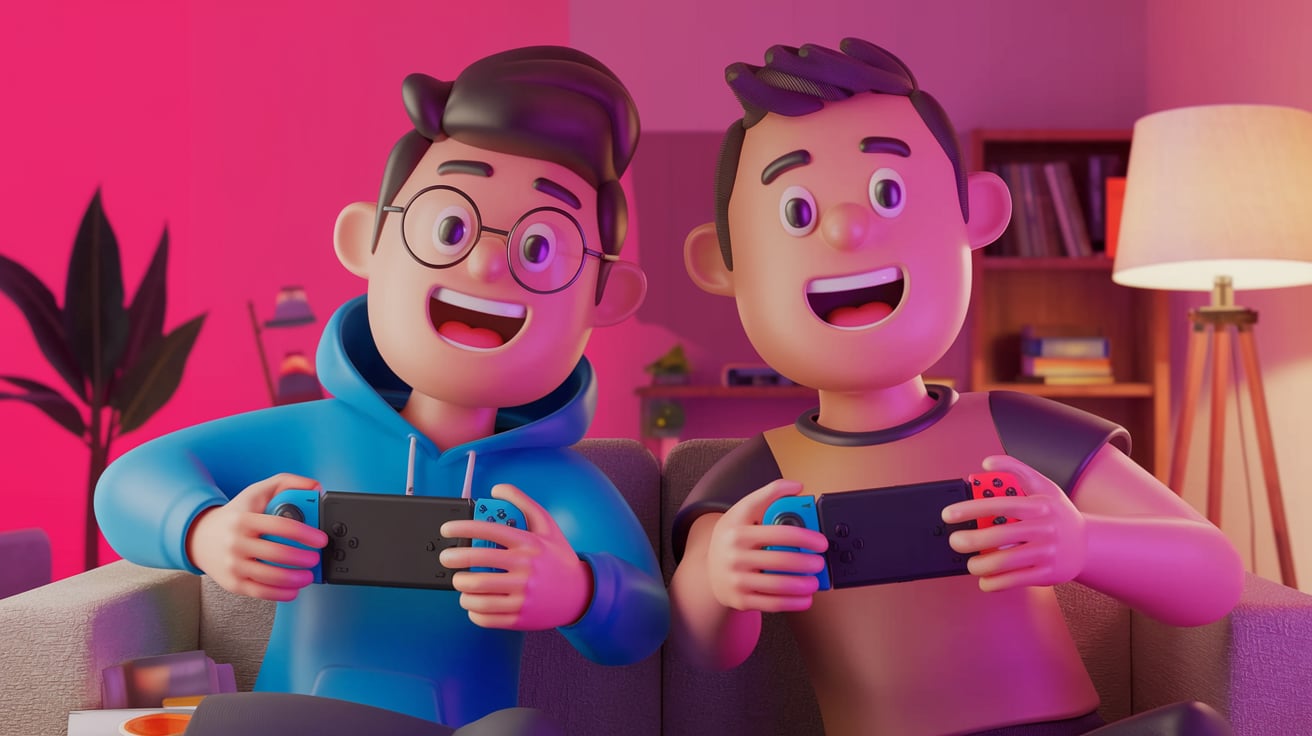 Dos amigos sonrientes en un sofá jugando juntos con dos consolas Nintendo Switch