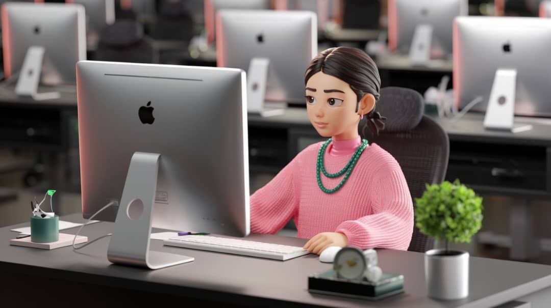 Personaje 3D con suéter rosa trabajando en un iMac en una oficina llena de computadoras Apple