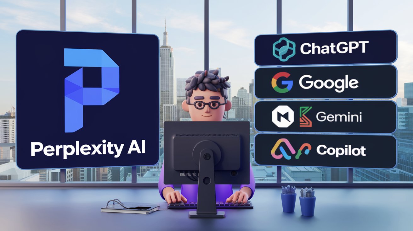 Personaje 3D frente a un monitor, junto al logo de Perplexity AI y los de ChatGPT, Google, Gemini y Copilot