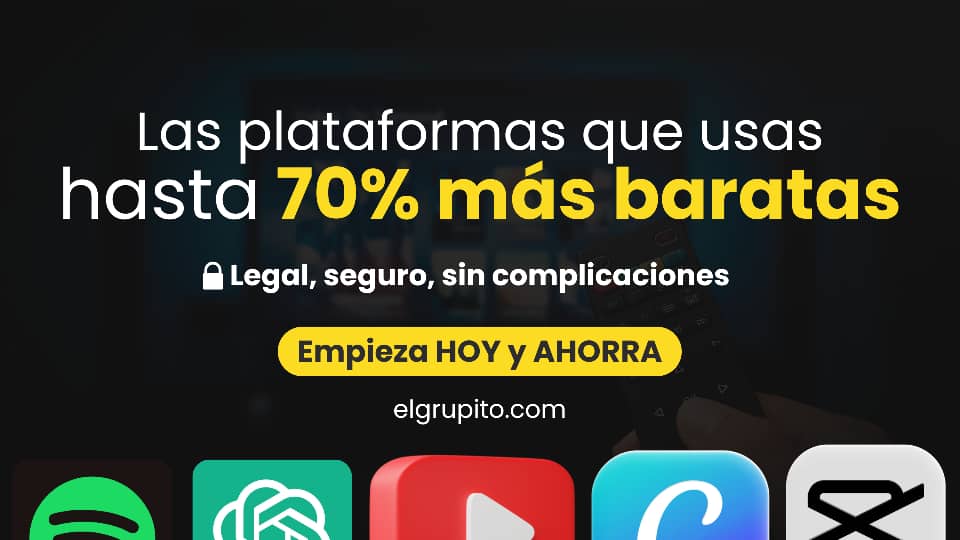 Banner de ElGrupito: plataformas hasta 70% más baratas, con íconos de Spotify, ChatGPT, YouTube, Canva y CapCut