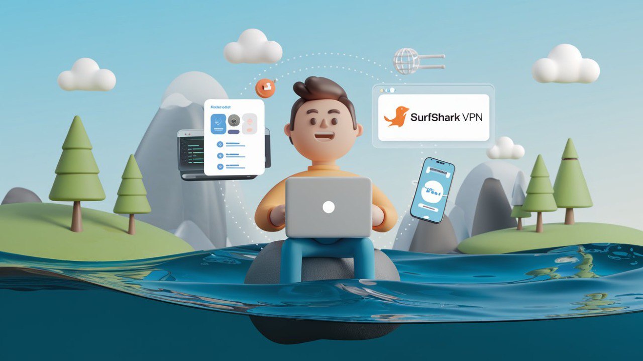 Personaje 3D usa una laptop sobre el agua, rodeado de pantallas de apps y el logo de Surfshark VPN