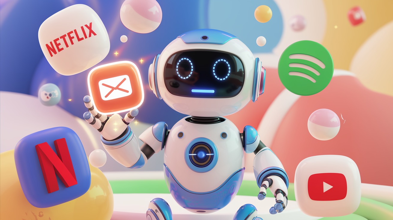 Robot blanco y azul sostiene el ícono de CapCut, rodeado de los logos de Netflix, Spotify y YouTube
