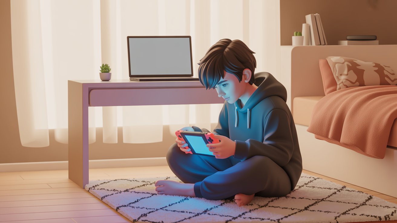 Joven jugando con una Nintendo Switch sentado en la alfombra de su habitación, con un portátil sobre el escritorio