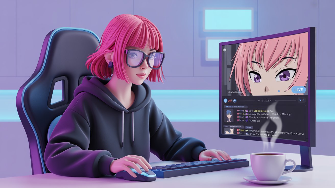 Chica de cabello rosa y lentes ve un anime en vivo en su monitor, con un café humeante al lado