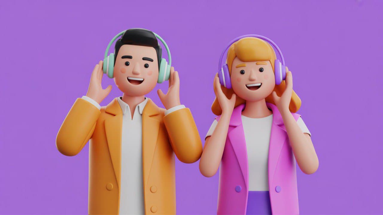 Pareja de personajes 3D con audífonos, sonriendo y escuchando música juntos sobre un fondo morado