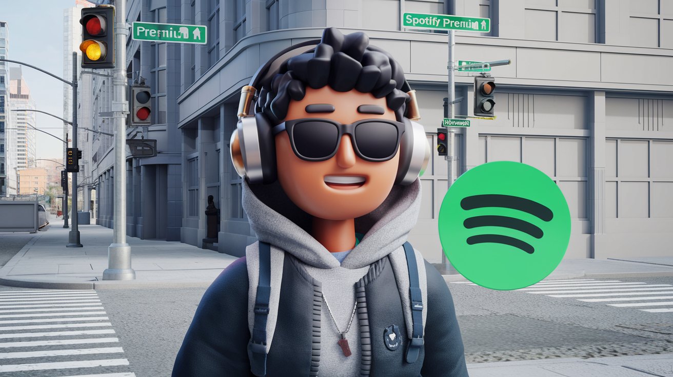 Personaje 3D con audífonos y lentes de sol sonriendo en una calle, junto al logo de Spotify y letreros de Spotify Premium