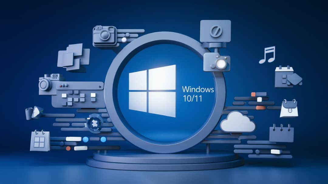 Logotipo de Windows 10/11 sobre un pedestal azul, rodeado de iconos 3D de aplicaciones y widgets