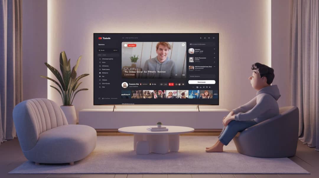 Persona sentada en un sillón viendo YouTube en un televisor grande en una sala moderna