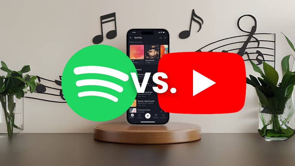 Logos de Spotify y YouTube frente a frente sobre un teléfono con la app de Spotify y notas musicales de fondo